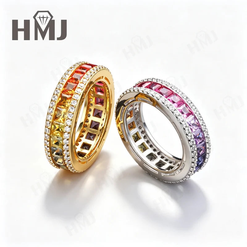 925 Sterling Silver Ring Lab Sapphire Princess Cut Rainbow Gemstones for Women Luxury Elegant Anniversary Birthday Gift Charms