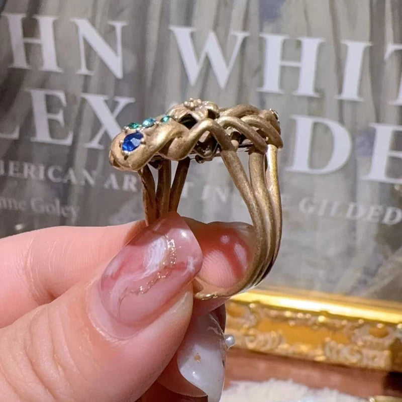Vintage Green Abalone Shell Opal Rings Flower Branch Bohemia Antique Gold Color Luxury Jewelry For Women Accessories Wedding