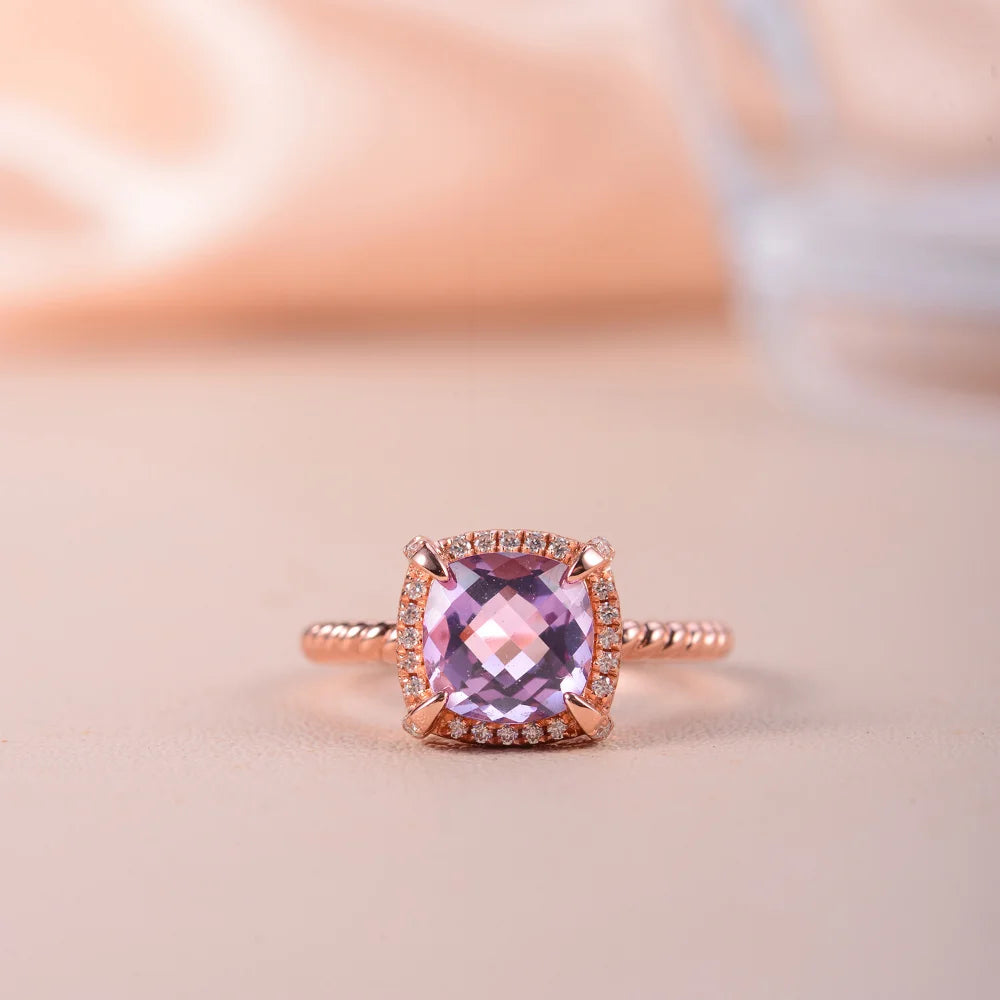 LinkerLove S925 Sterling Silver Amethyst Jewelry Set Cushion Cut Purple Gemstone Halo Necklace Earrings Ring for Women Wedding