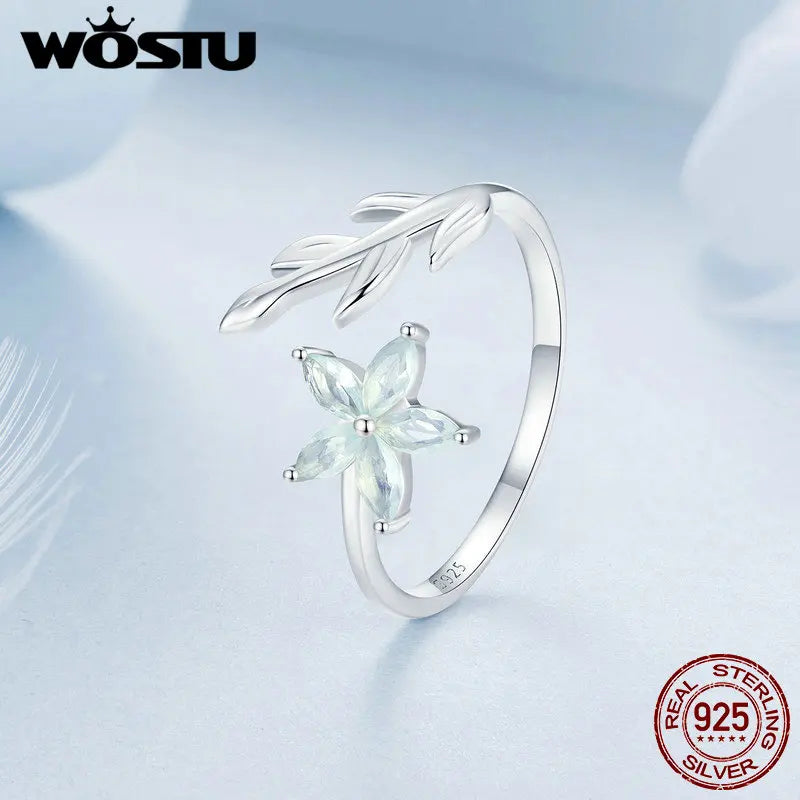 WOSTU 925 Sterling Silver Clear Green Cystal Flower Opening Ring For Women Hanmade Leaf design Stackable Rings Girl Party Gift