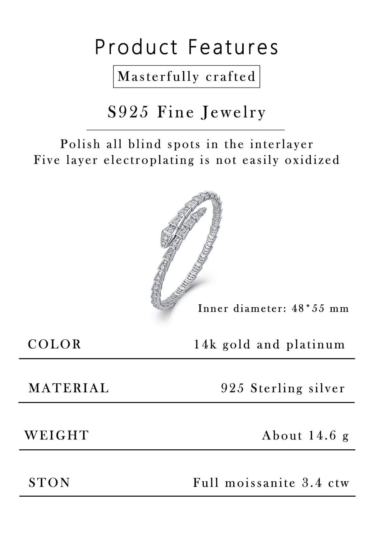 3.4CTW Moissanite Snake Stretch Bangle S925 Sterling Silver Flexible Serpent Bracelet For Women Wedding Party