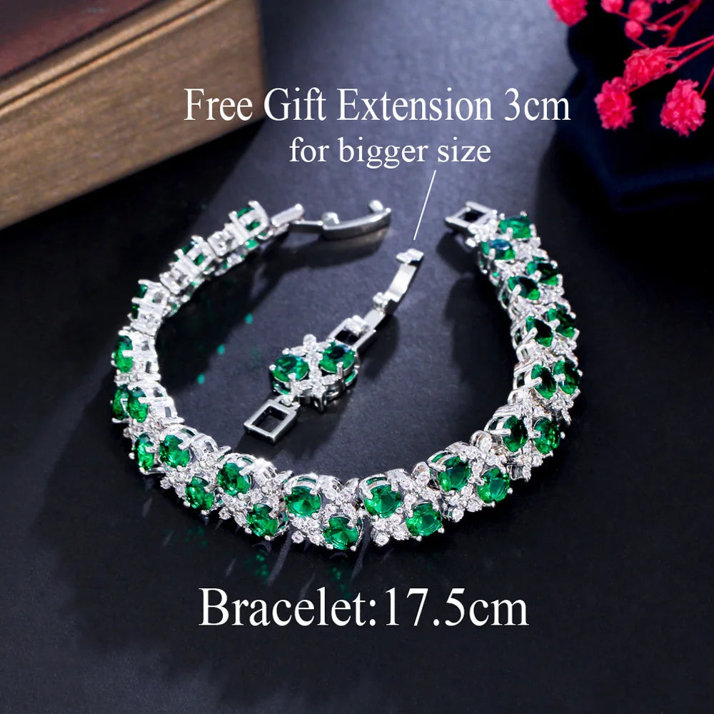 Pera Elegant Leaf and Oval Chain Link Silver Color Red Green Cubic Zirconia Bracelets for Women Fashion Jewelry Accessories B084