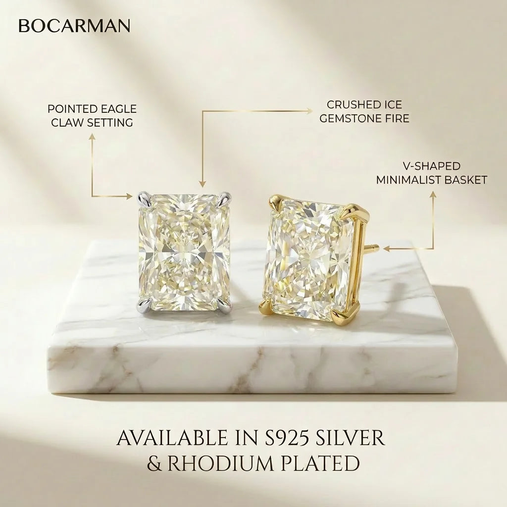 Bocarman Rectangular Ice Cut Mint Green Zircon Stud Earrings S925 Sterling Silver Rhodium Plated Fine Jewelry 8x10mm