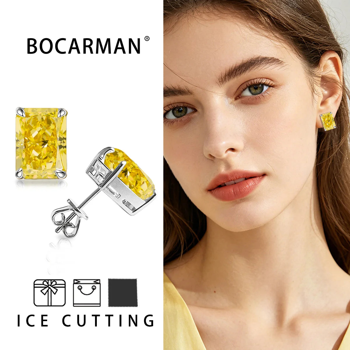 Bocarman Rectangular Ice Cut Mint Green Zircon Stud Earrings S925 Sterling Silver Rhodium Plated Fine Jewelry 8x10mm