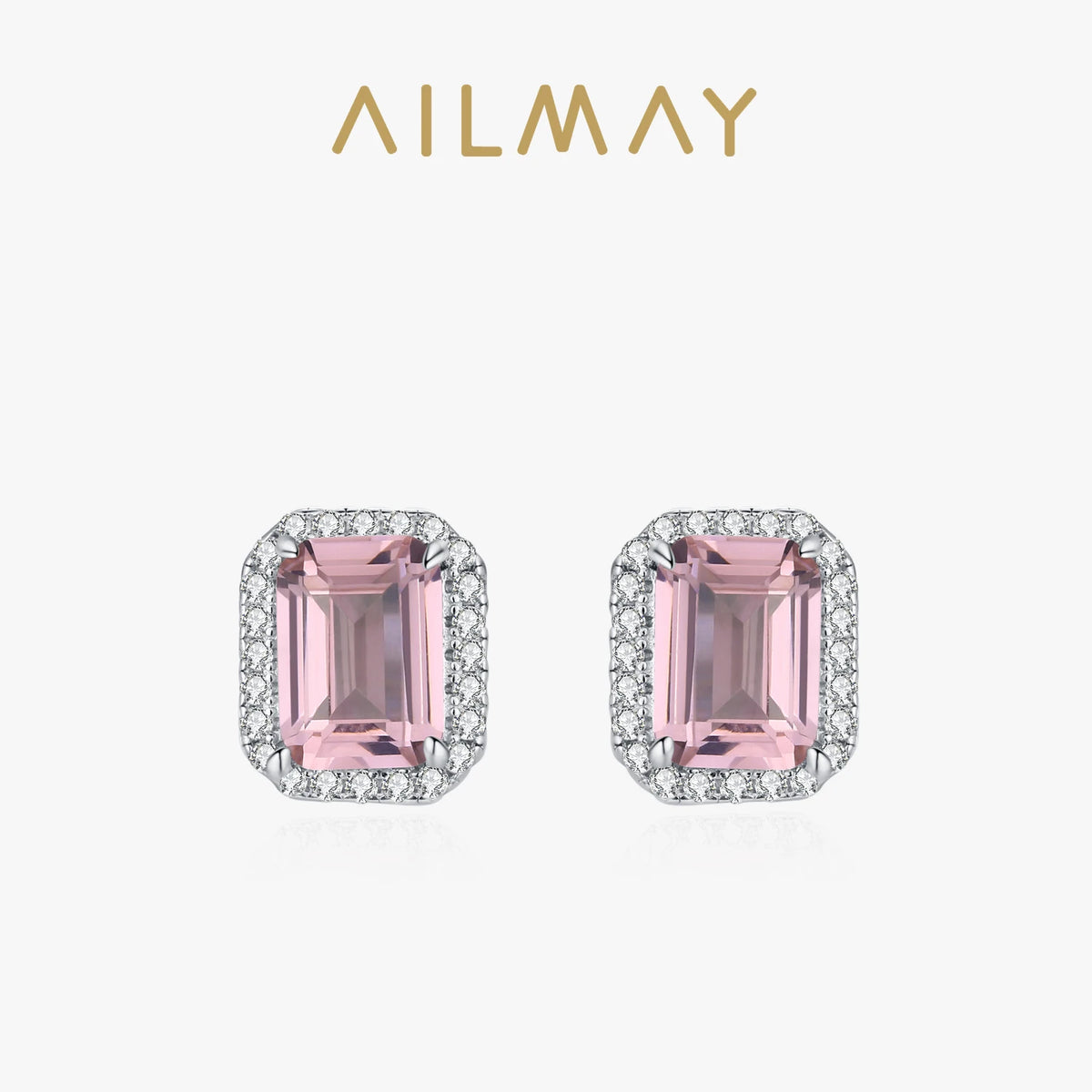 Ailmay Luxury 925 Sterling Silver Pink Rectangle Emerald cut Zircon Earrings For Women Romantic Valentine's Day Jewelry Gift