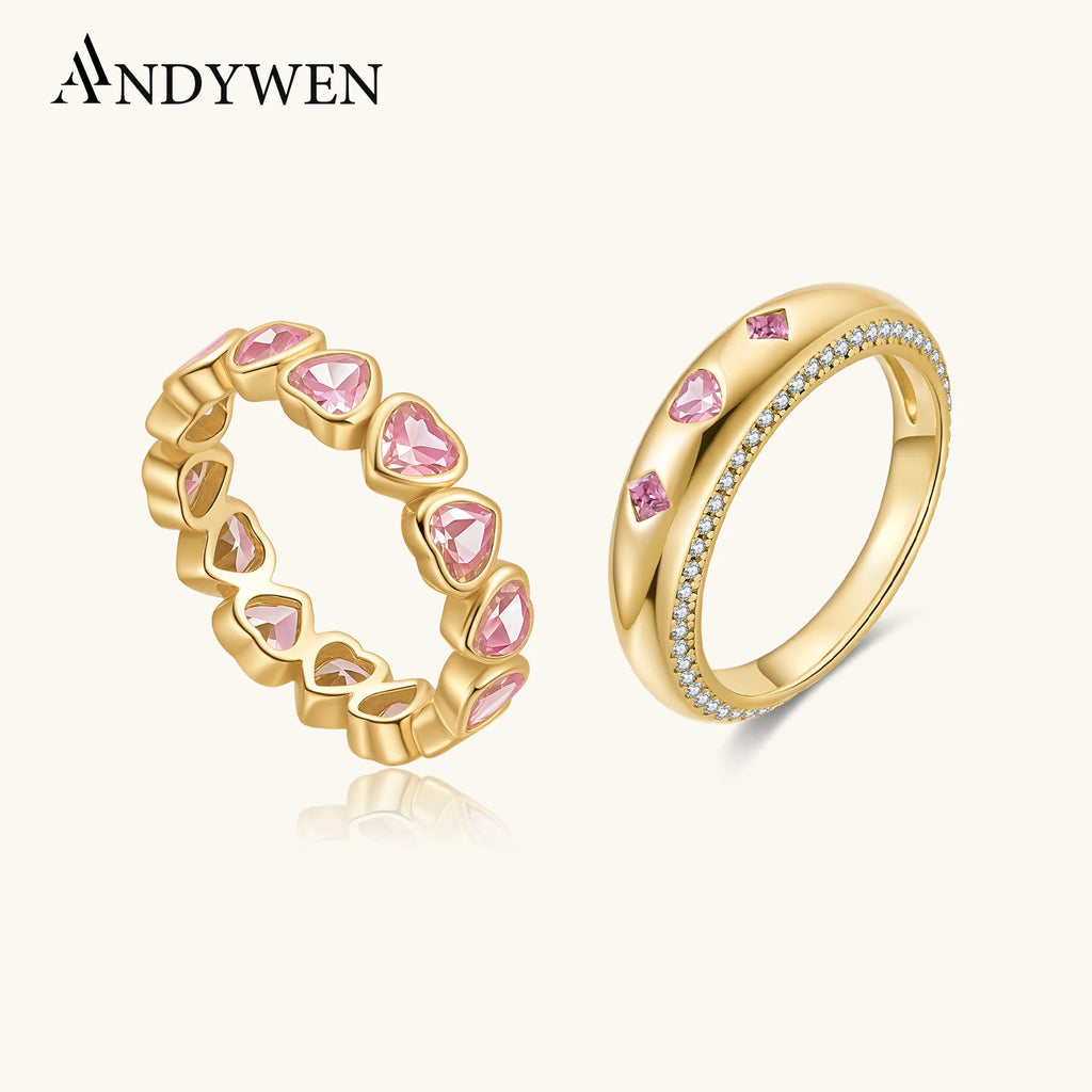 ANDYWEN 925 Sterling Silver Sweetheart Pink Zircon Ring Set Stackable Promise Rings Romantic Luxury Valentine Women Gift