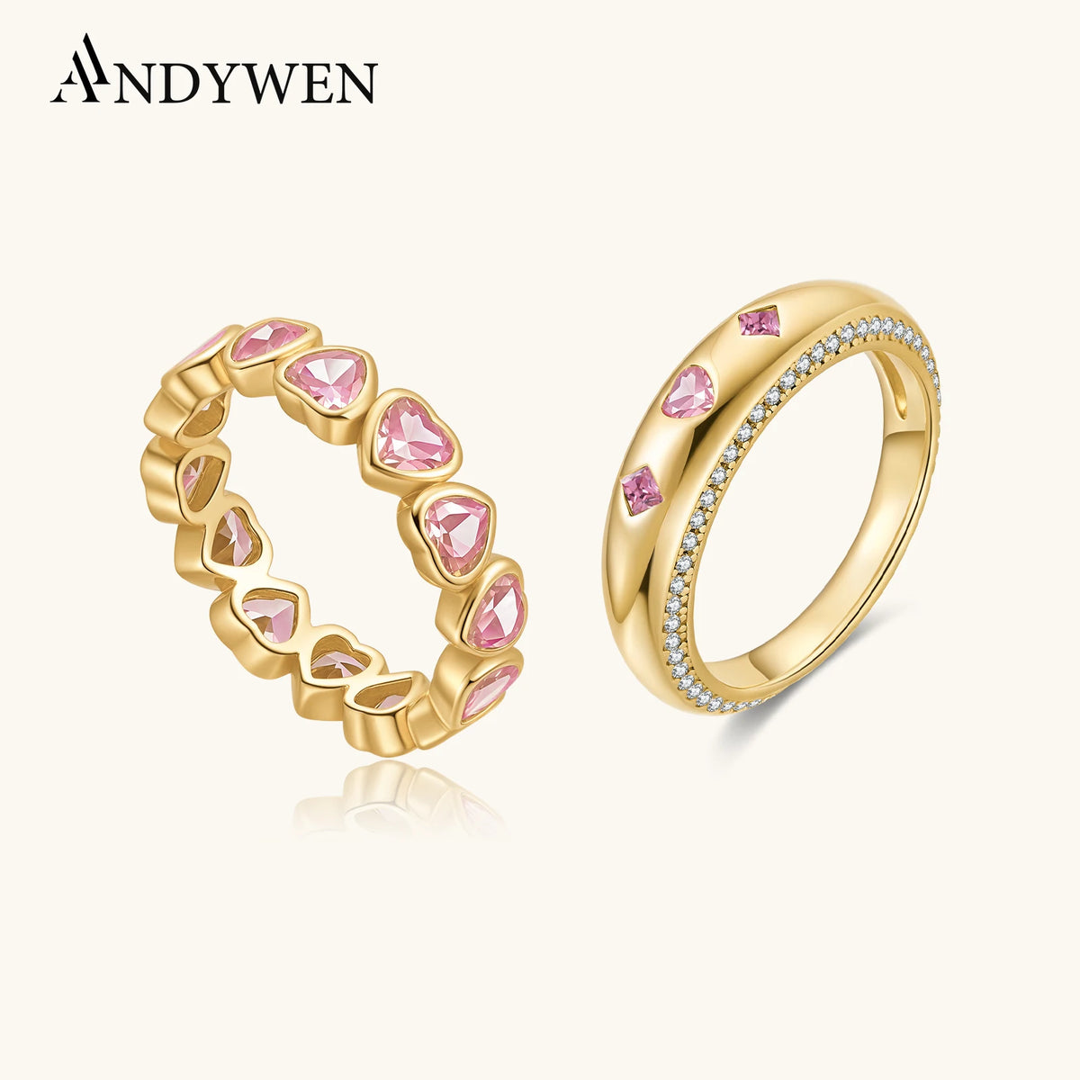 ANDYWEN 925 Sterling Silver Sweetheart Pink Zircon Ring Set Stackable Promise Rings Romantic Luxury Valentine Women Gift