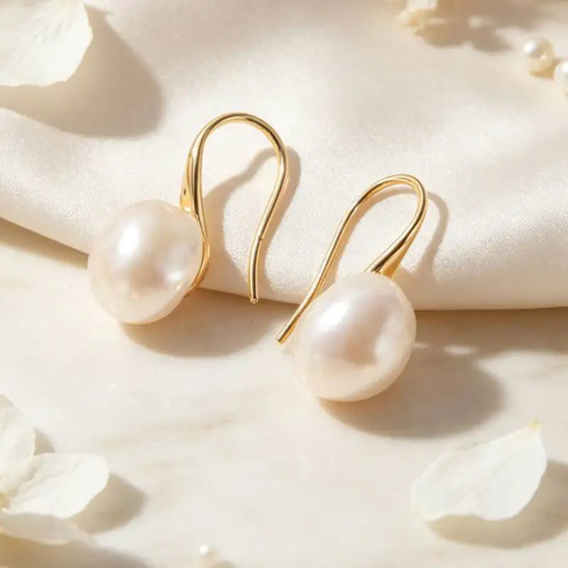 10-12mm white baroque pearl earrings 18K gold-plated hook gold  chic teardrop elegant dangler natural earbob
