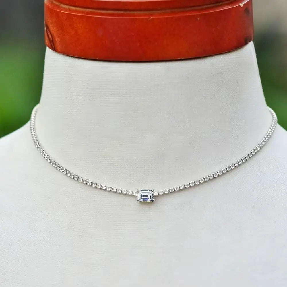 Full Moissanite Tennis Necklace With Emerald Cut Diamond Riviera Necklace S925 Silver Adjustable Layering Choker Fine Jewelry