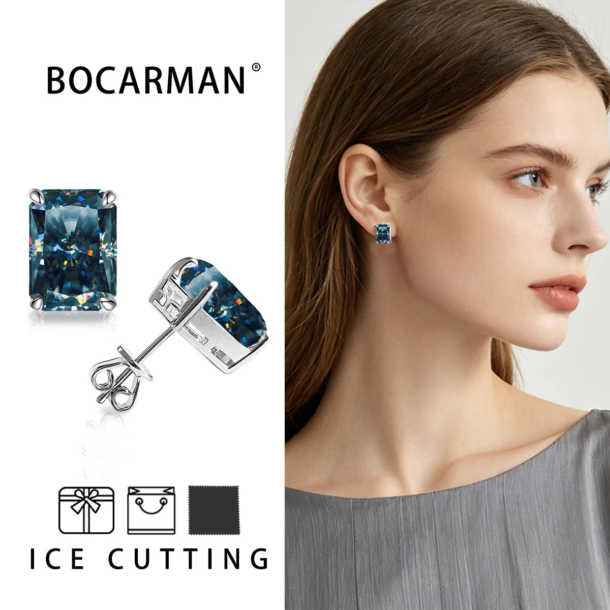 Bocarman Rectangular Ice Cut Mint Green Zircon Stud Earrings S925 Sterling Silver Rhodium Plated Fine Jewelry 8x10mm