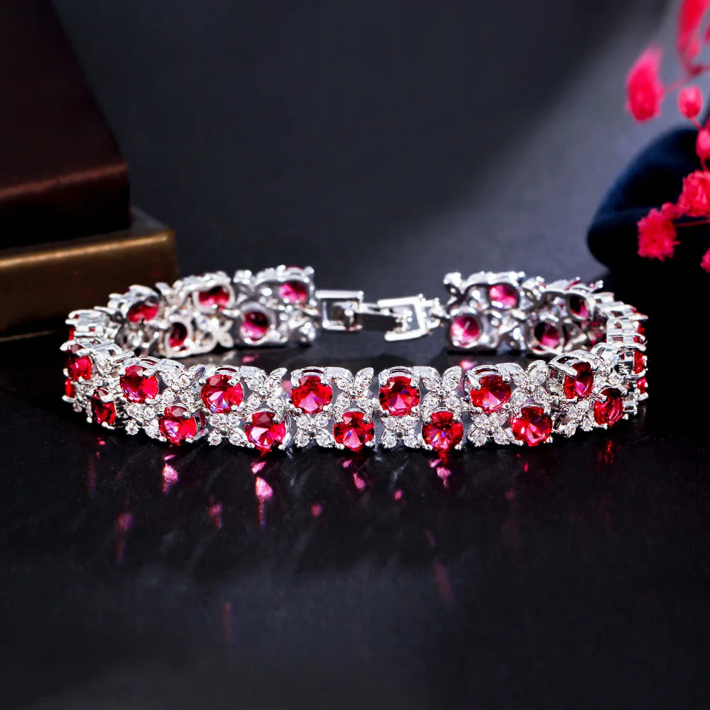 Pera Elegant Leaf and Oval Chain Link Silver Color Red Green Cubic Zirconia Bracelets for Women Fashion Jewelry Accessories B084
