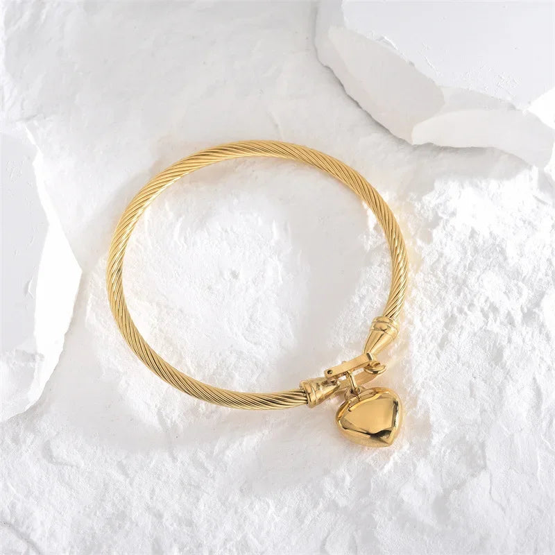 18k Gold Color Stainless Steel Heart Pendant Charm Bangle Bracelets for Men Women