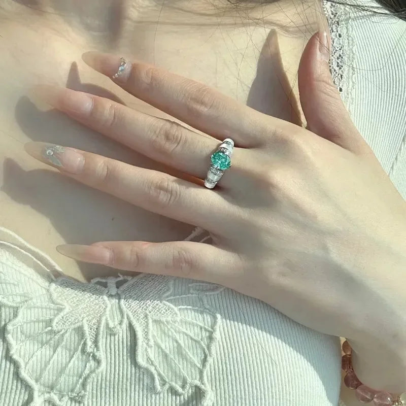 silver 925 Vintage Fresh Style Paraiba White Fritillaria  rings for women Sweet Mint Emerald wedding ring Light Luxury Jewelry