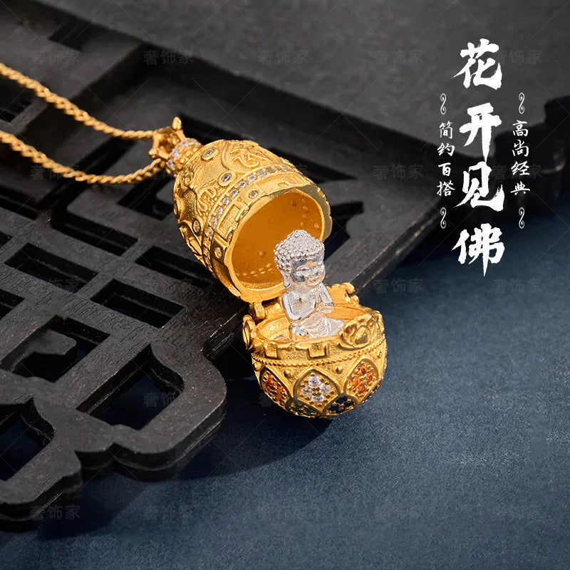 9999 24K real gold flowers blooming see the Buddha Gawu box necklace pendant Amitabha Buddha Guanyin gold jewelry men and women