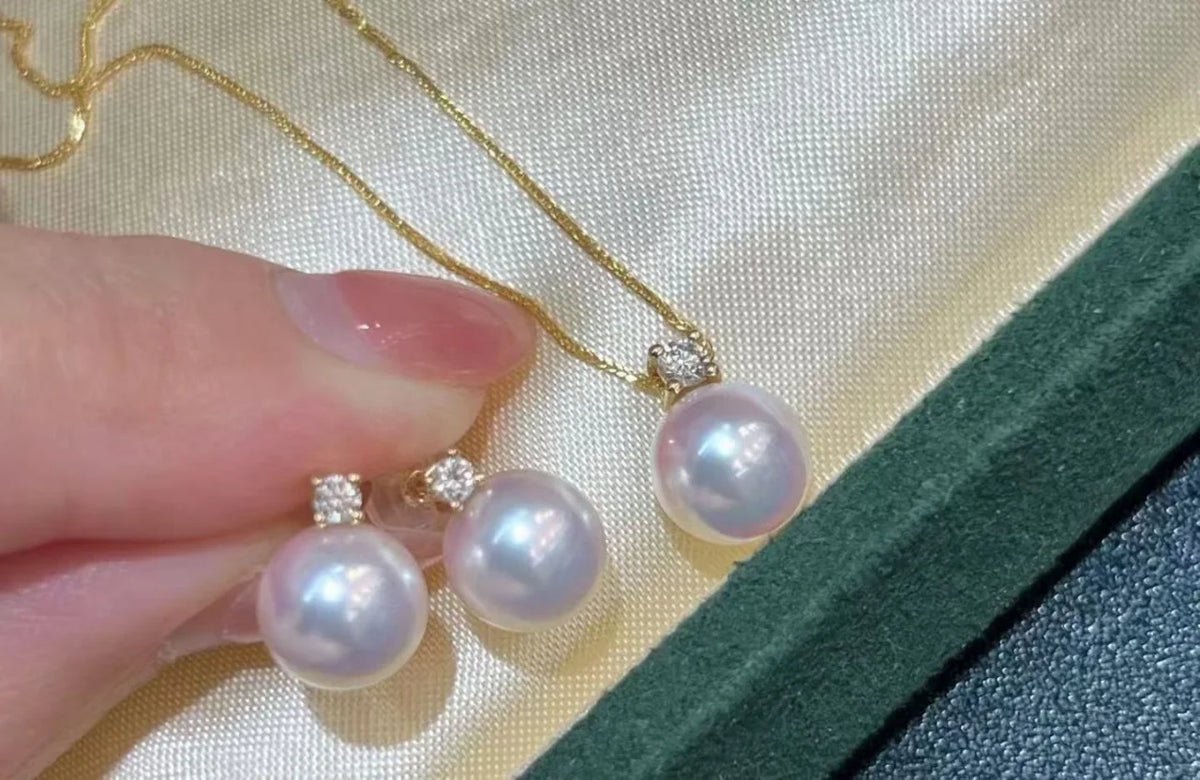 Certificated 3pcs Aurora Luster Freshwater Pearl Jewelry Set 8-9m Natural White Round Pearl Ear Stud & Pendant Chain Necklaces