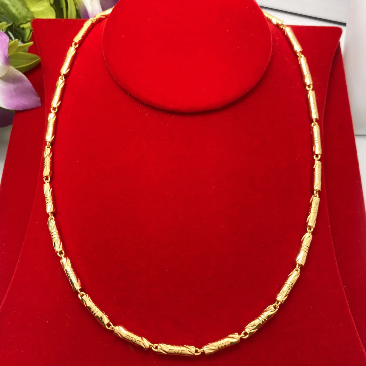 9999 24K real gold cylindrical double bamboo necklace real gold men's and women's solid color bamboo necklace gold jewelry