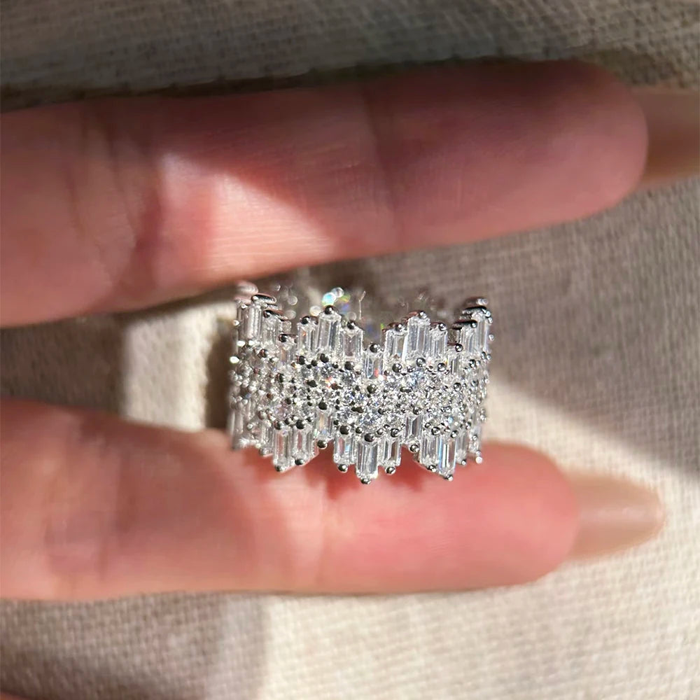 QIBAOKU Luxury 925 Sterling Silver Ring For Women Men Sparkling Irregular High Carbon Diamond Hiphop Zircon Band Jewelry Gift