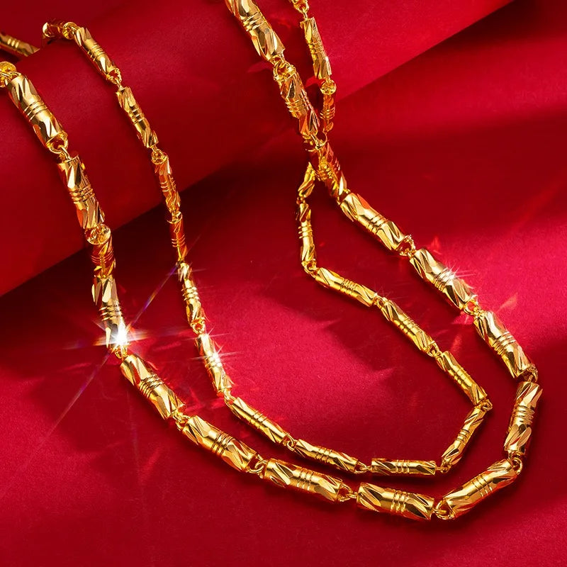 9999 24K real gold cylindrical double bamboo necklace real gold men's and women's solid color bamboo necklace gold jewelry