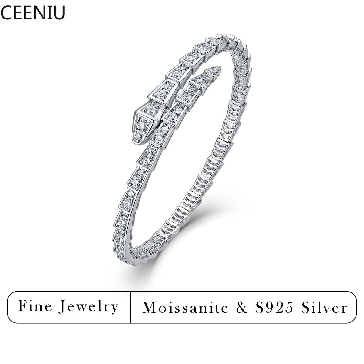 3.4CTW Moissanite Snake Stretch Bangle S925 Sterling Silver Flexible Serpent Bracelet For Women Wedding Party