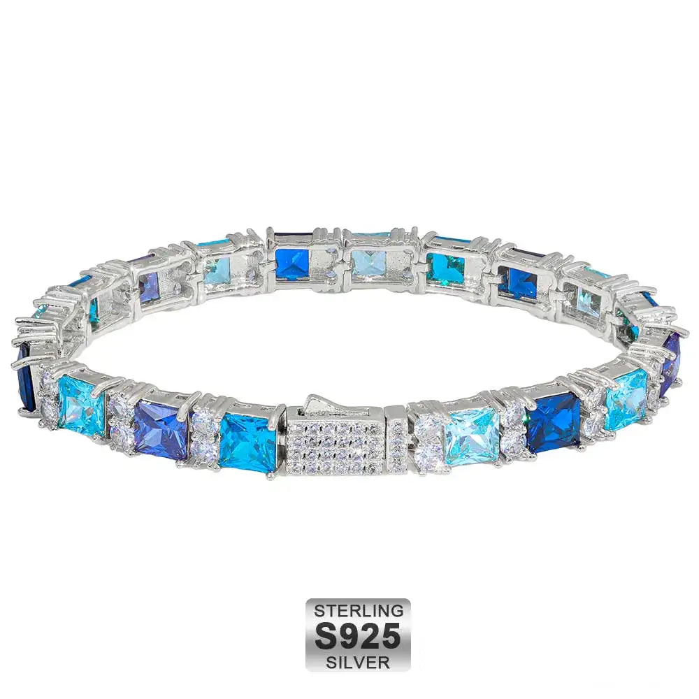 ESKEEM Hip Hop Luxury Bling Jewelry 925 Silver Blue Princess Cut CZ Cluster Tennis Bracelet Gift for Men and Women