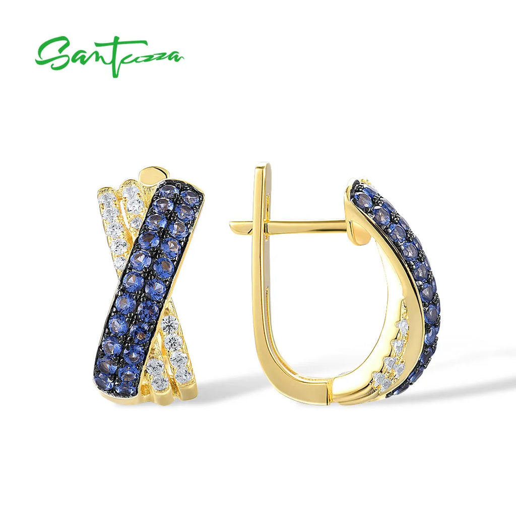 SANTUZZA Silver Earrings For Women Pure 925 Sterling Silver Sparkling Blue Nano White CZ Cross Gold Plated Elegant Fine Jewelry
