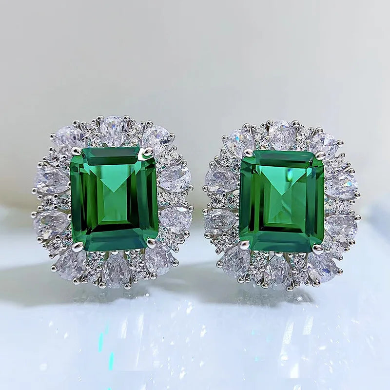 Luomansi 9*11MM Emerald High Carbon Diamond Ear Clip Women S925 Silver Jewelry Wedding Party Commemorative Gift