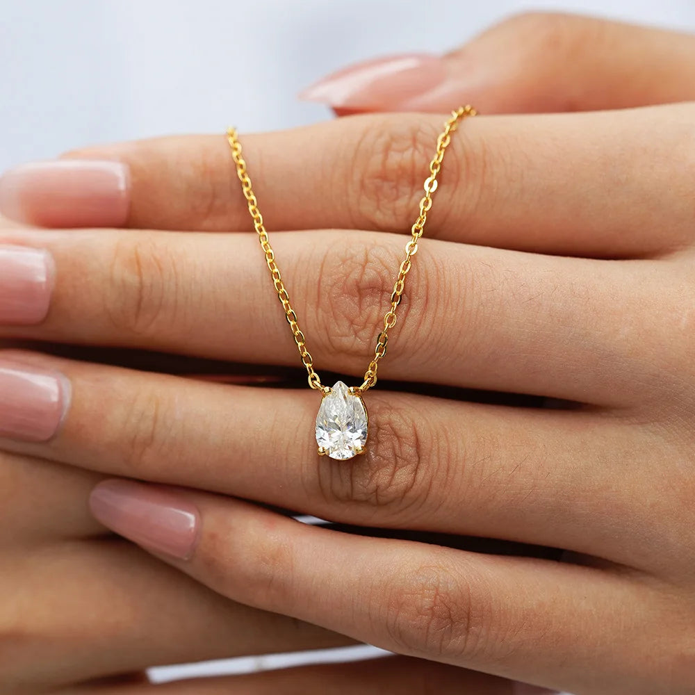 Luxury 100% Real 18k Gold Women's Necklace Simple Water Drops Pear-Shaped 1 karat Diamond Pendant Moissanite Clavicle Chain
