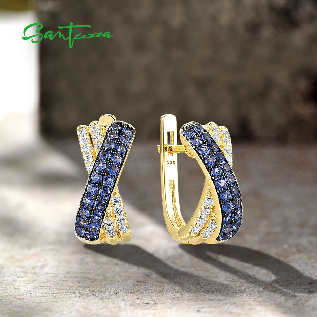 SANTUZZA Silver Earrings For Women Pure 925 Sterling Silver Sparkling Blue Nano White CZ Cross Gold Plated Elegant Fine Jewelry