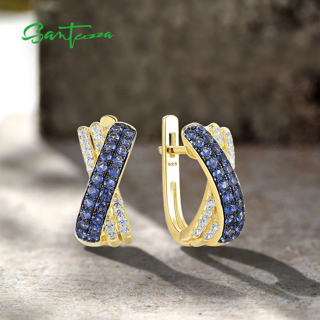 SANTUZZA Silver Earrings For Women Pure 925 Sterling Silver Sparkling Blue Nano White CZ Cross Gold Plated Elegant Fine Jewelry