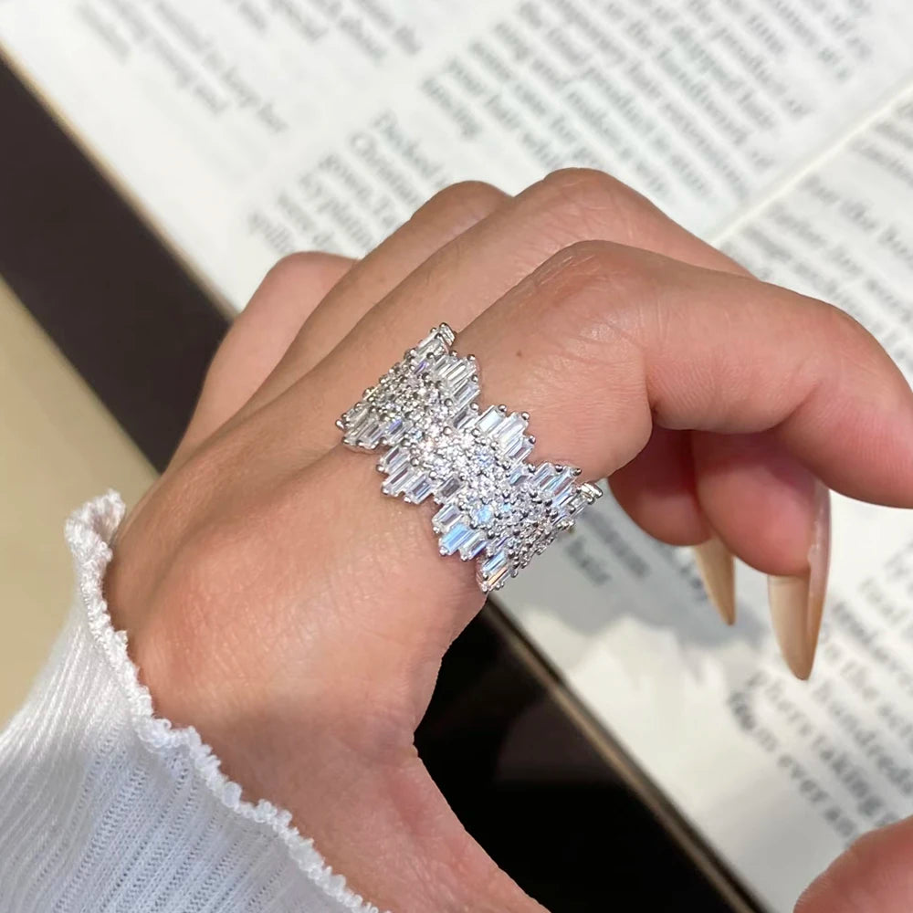 QIBAOKU Luxury 925 Sterling Silver Ring For Women Men Sparkling Irregular High Carbon Diamond Hiphop Zircon Band Jewelry Gift
