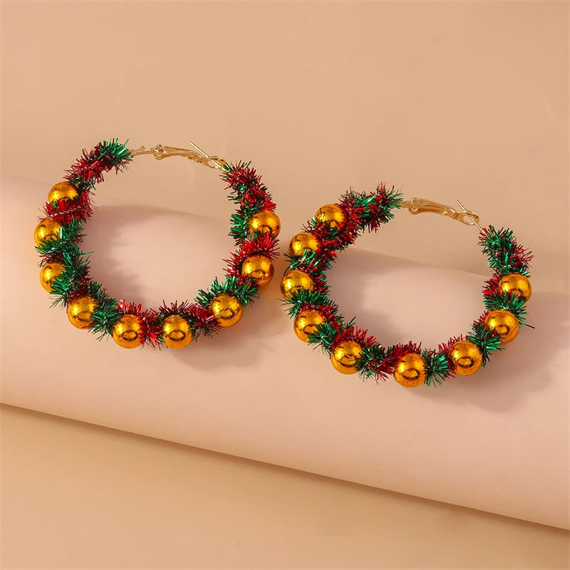 Fashion Handmade Merry Christmas Wreath Circle Hoop Earrings for Women Girls New Year Festival Jewelry Gifts