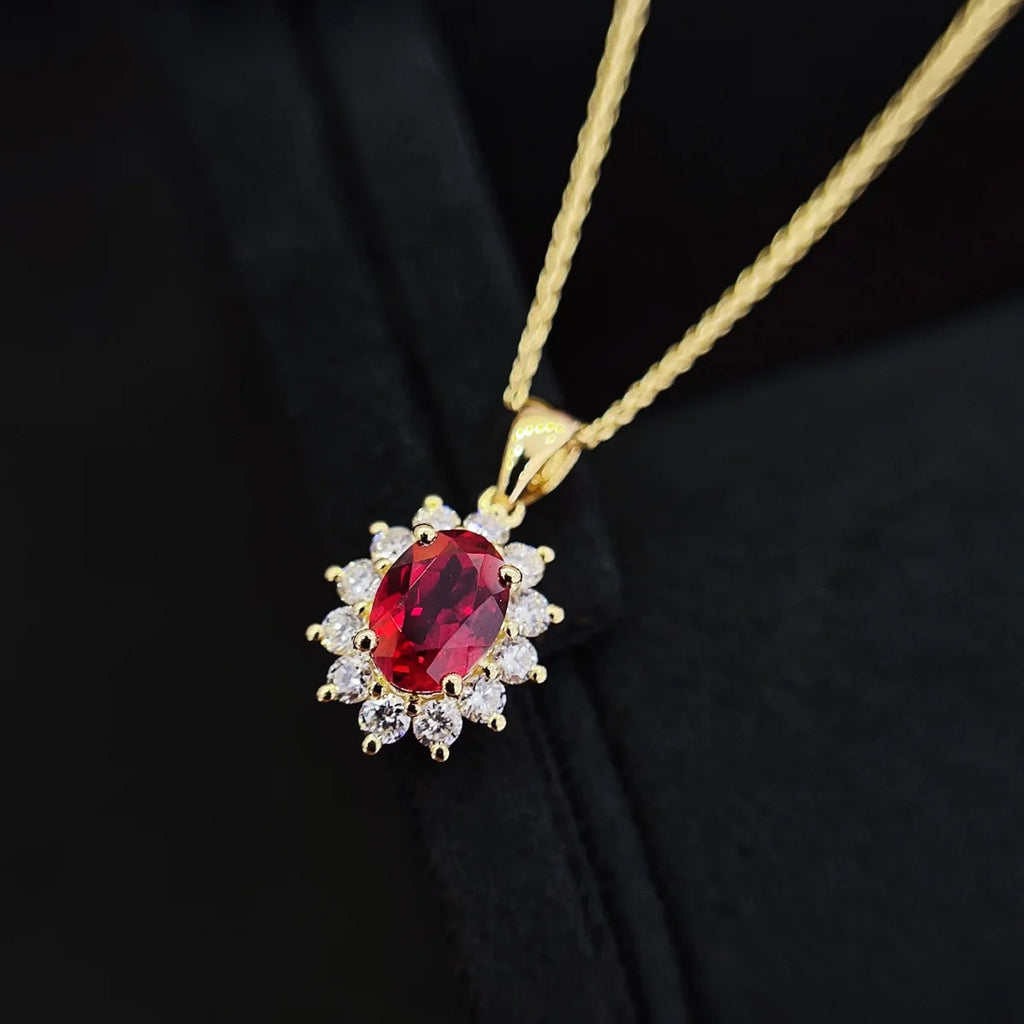 18K Yellow Gold Lab Created Ruby and Diamond Necklace Halo Style Sunflower Shaped Lab Grown Ruby Diamond Pendant Necklace