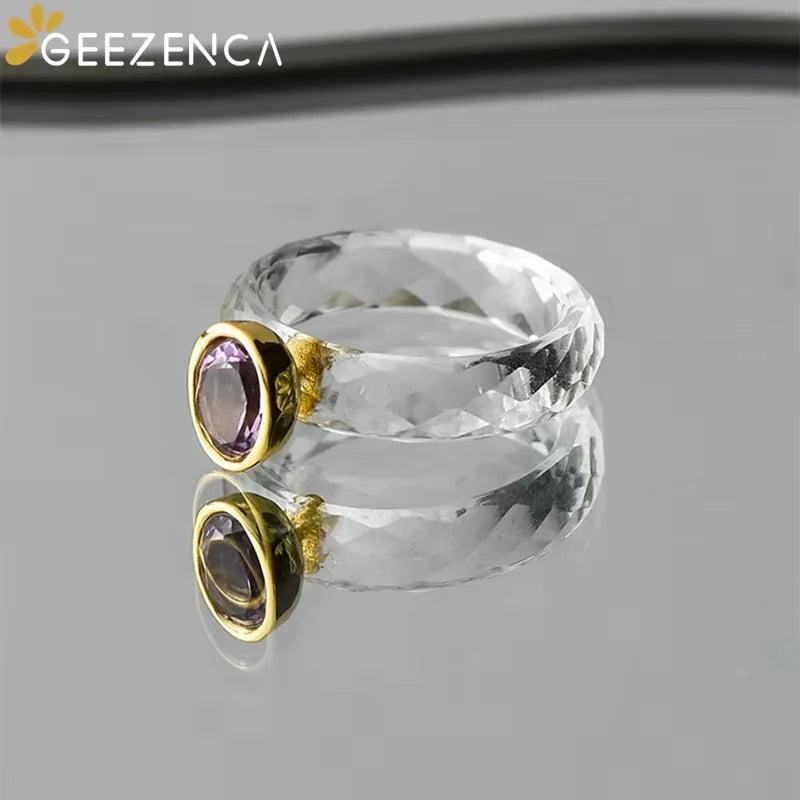 GEEZENCA Natural White Crystal Circle Amethyst 925 Sterling Silver Size 7 Rings For Women Purple Stone Minimalism Ring Gift