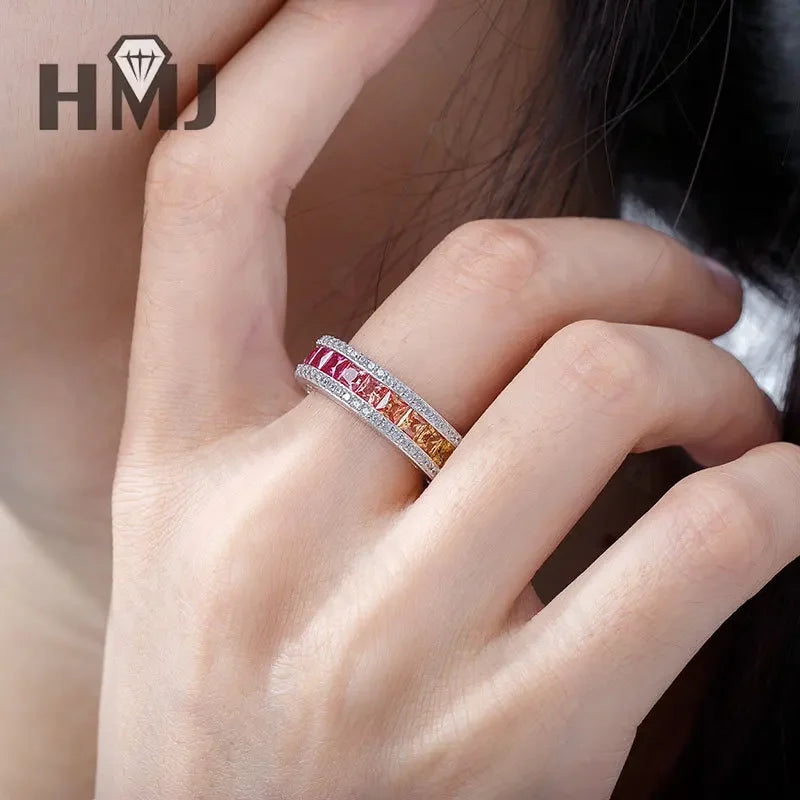 925 Sterling Silver Ring Lab Sapphire Princess Cut Rainbow Gemstones for Women Luxury Elegant Anniversary Birthday Gift Charms