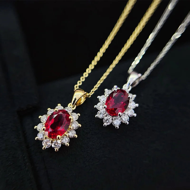 18K Yellow Gold Lab Created Ruby and Diamond Necklace Halo Style Sunflower Shaped Lab Grown Ruby Diamond Pendant Necklace