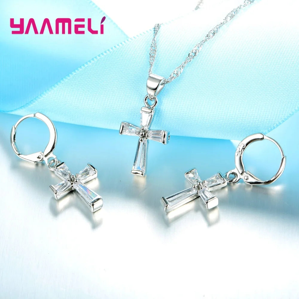 Christmas New Arrival Crystal Pendant Crucifix Real 925 Sterling Silver Necklace Drop Earrings Sets For Unisex Jewelry Xmas Eve
