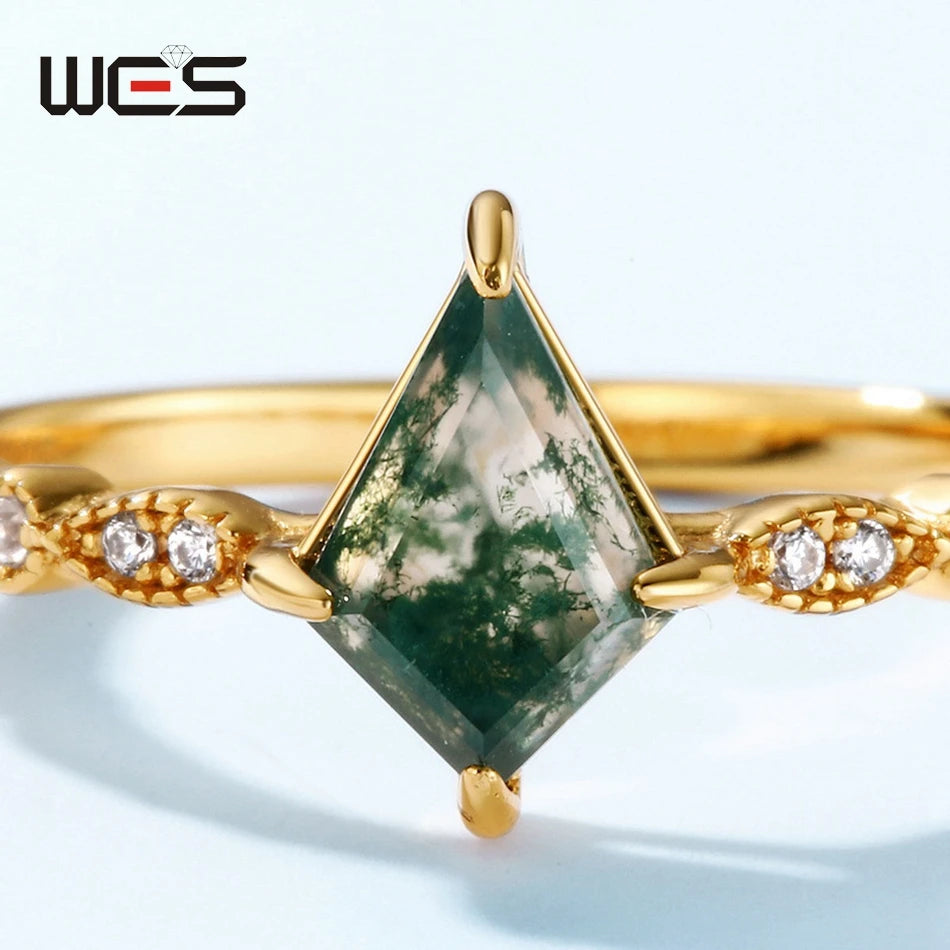 WES 100% 925 Sterling Silver Natural Crystal Moss Agate Jewelry Set for Woman Gold Plated Wedding Lady Gift Fine Jewelry