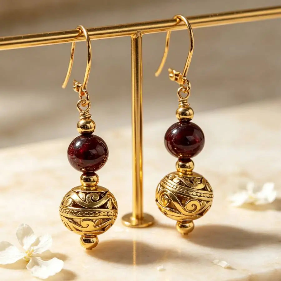 A Pair Garnet Ellipse Beads Gemstone Earrings 18K Eardrop Handmade Luxury Aurora Women Earlobe Accessories Mesmerizing Jewelry