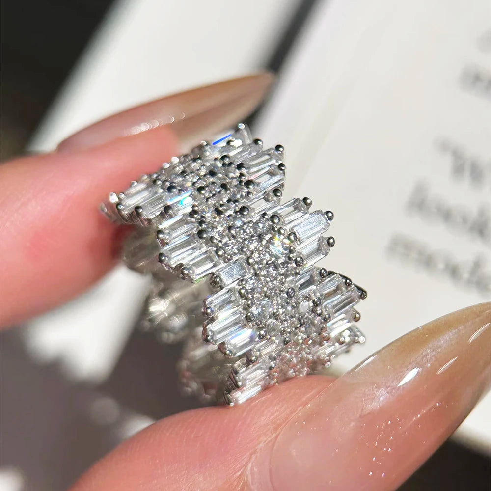 QIBAOKU Luxury 925 Sterling Silver Ring For Women Men Sparkling Irregular High Carbon Diamond Hiphop Zircon Band Jewelry Gift
