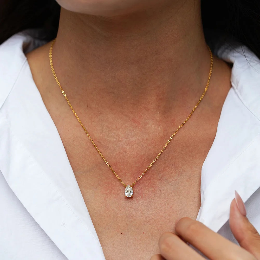 Luxury 100% Real 18k Gold Women's Necklace Simple Water Drops Pear-Shaped 1 karat Diamond Pendant Moissanite Clavicle Chain