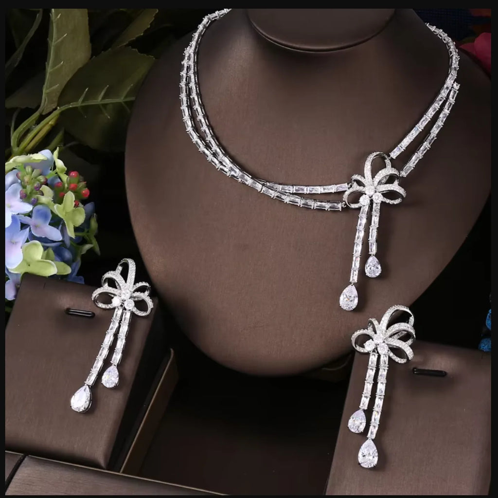 Janekelly 2pcs Bridal Zirconia Full Jewelry Sets For Women Party, Luxury Dubai Nigeria CZ Crystal Wedding necklace sets