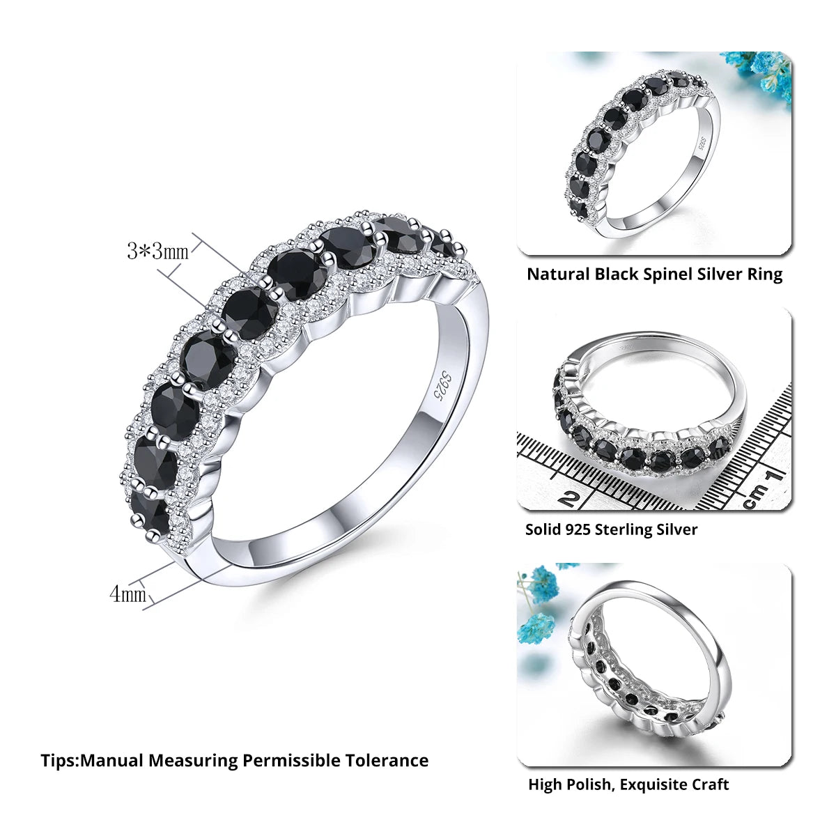 Natural Black Spinel Silver Rings 1.2 Carats Genuine Black Gemstone Faced Cutting S925 Women's Daily Birthday New Year Gifts