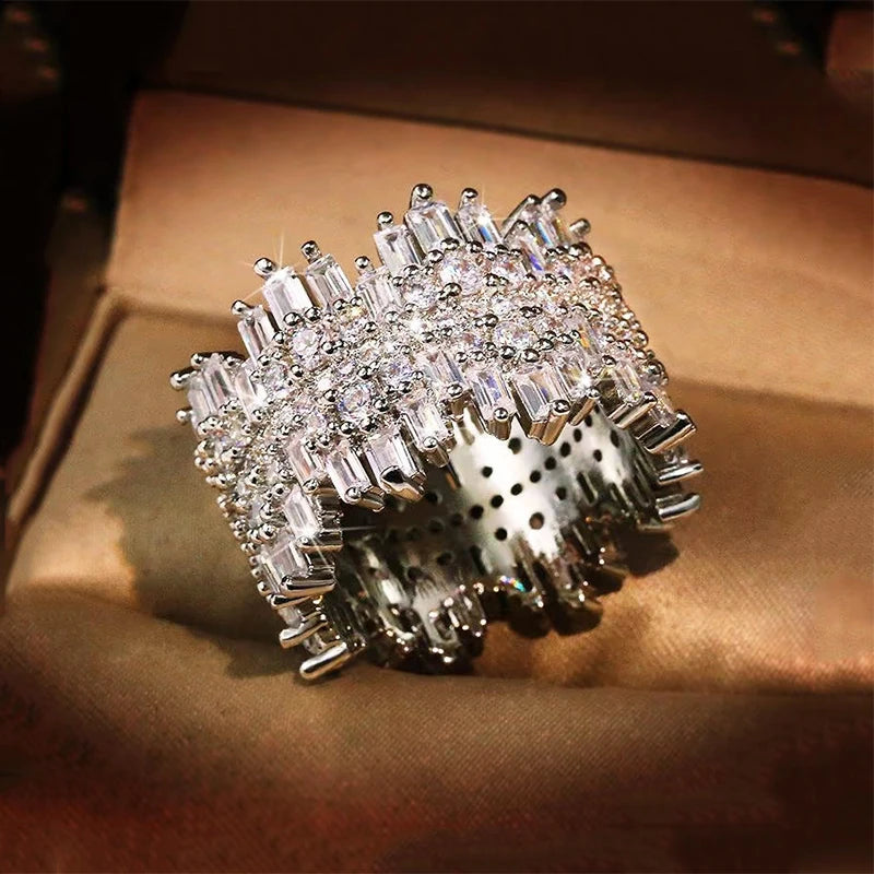 QIBAOKU Luxury 925 Sterling Silver Ring For Women Men Sparkling Irregular High Carbon Diamond Hiphop Zircon Band Jewelry Gift