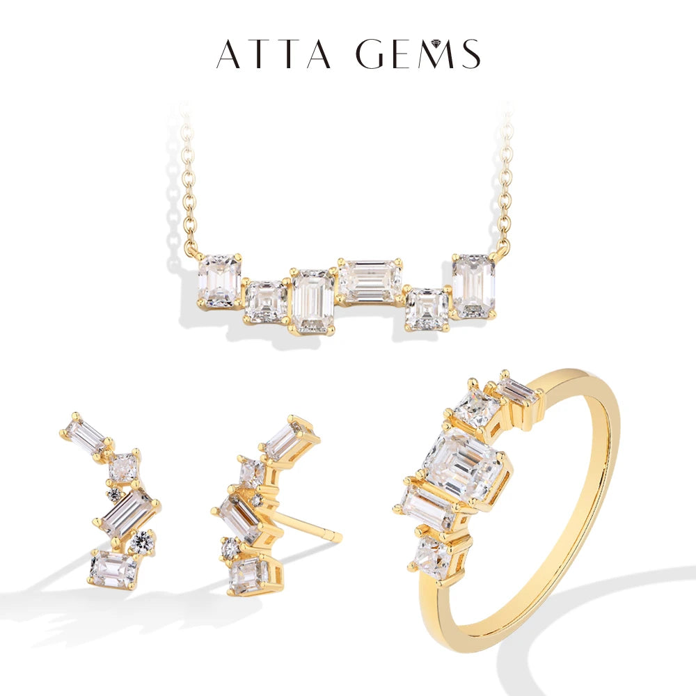 ATTAGEMS Baguette Emerald Cut Moissanite Jewelry Set for Women Rings Earrings Necklace S925 Sterling Silver 3 Piece Wedding Gift