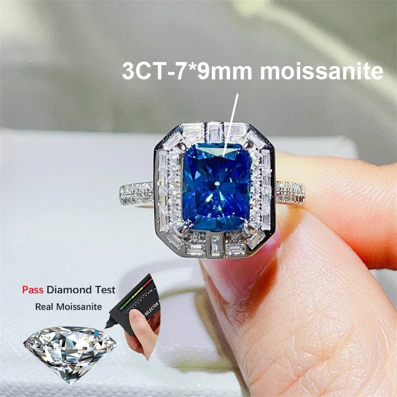FCGJHW 3CT Radiant Cut Blue Moissanite Rings S925 Silver For Women Men Sapphire Rectangle Diamond Wedding Bands Jewelry 2026