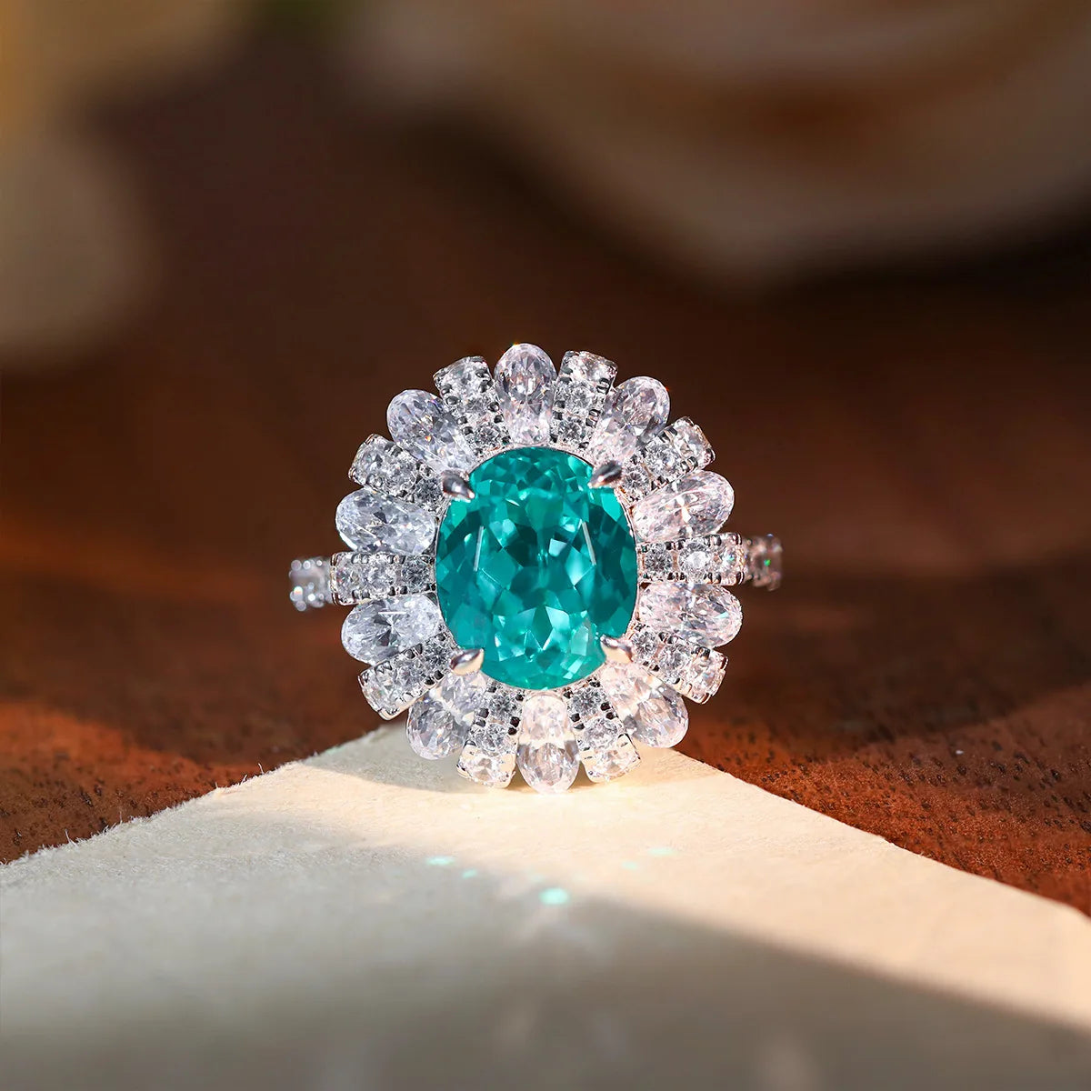 LinkerLove 5CT Oval Cut Paraiba Engagement Ring for Women 925 Sterling Silver White Gold Plated Halo Wedding Band Fine Jewelry