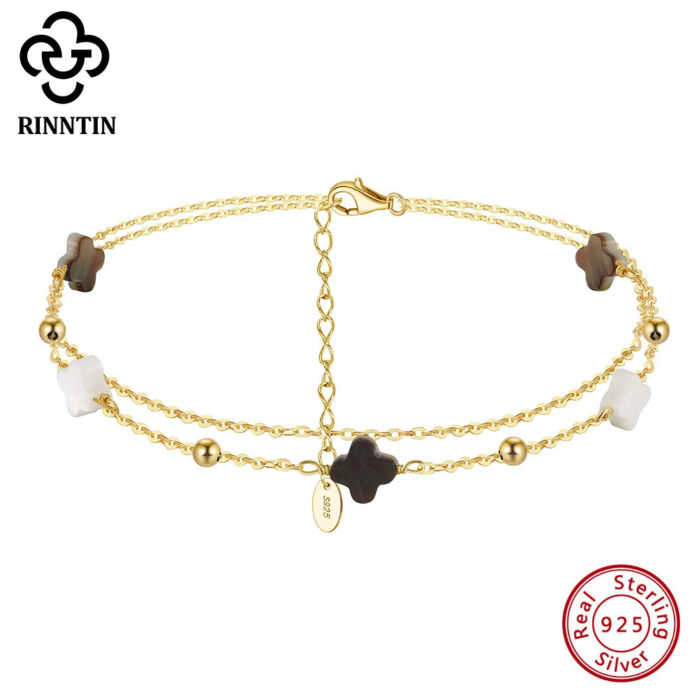 Rinntin Genuine 925 Sterling Silver Double Layer Clover Chain Anklet Lucky Clover Charm Anklets Bracelet Female Jewelry GMA02