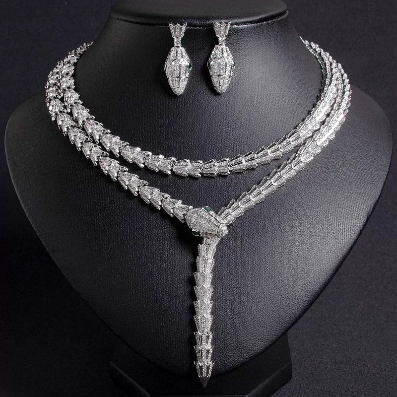 Designer Collection Style Long Necklace Earrings Inlay Full Cubic Zircon Plated Gold Color Snake Snakelike Party Jewelry Sets