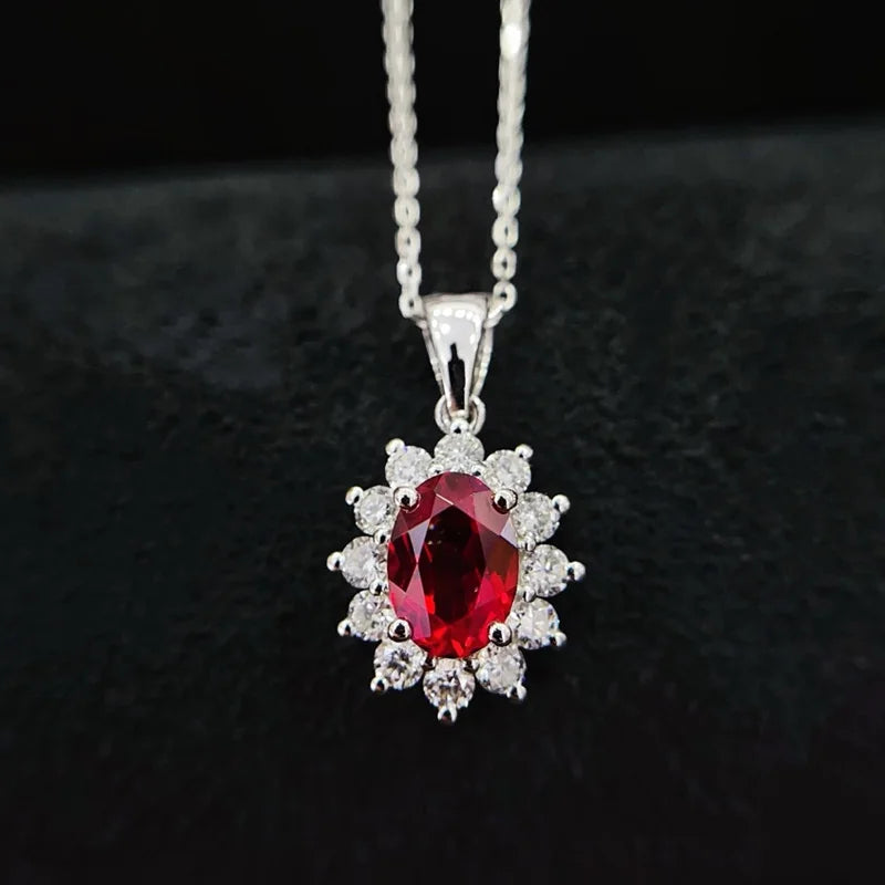 18K Yellow Gold Lab Created Ruby and Diamond Necklace Halo Style Sunflower Shaped Lab Grown Ruby Diamond Pendant Necklace