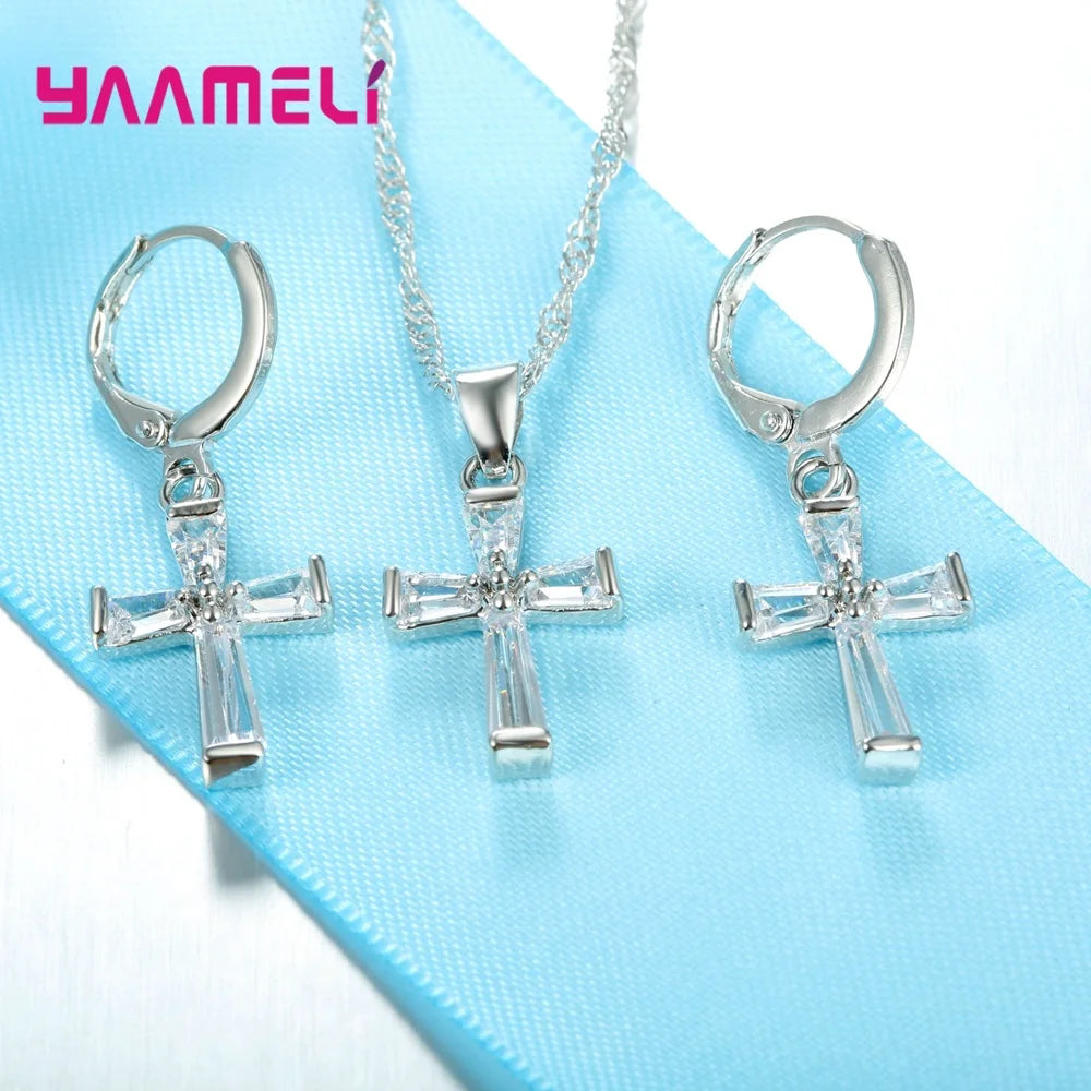 Christmas New Arrival Crystal Pendant Crucifix Real 925 Sterling Silver Necklace Drop Earrings Sets For Unisex Jewelry Xmas Eve